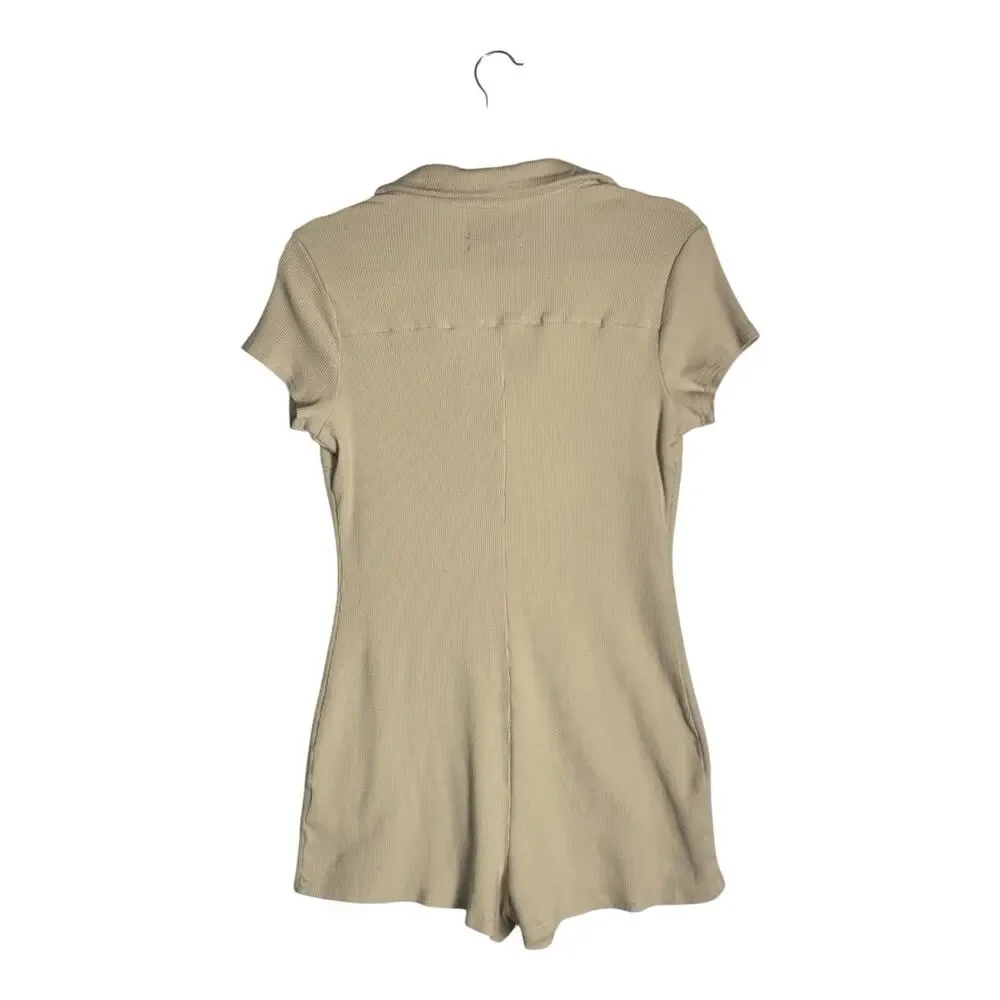 Urban Outfitters Womens Beige Ribbed Polo Romper Short Sleeve Fitted Playsuit M